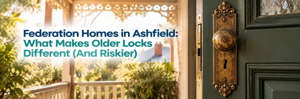 Older lock on a Federation home in Ashfield with traditional front door hardware