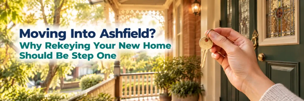 Rekeying a new home in Ashfield with a house key at the front door