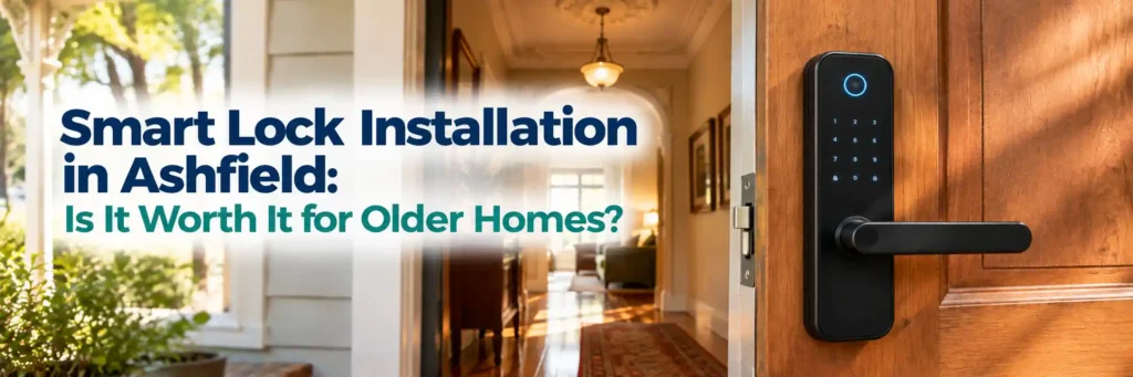 Smart lock installation on a wooden front door of an older Ashfield home